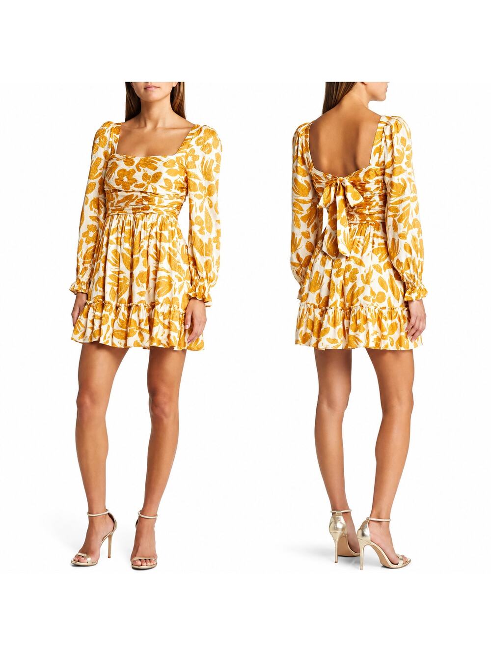 Saylor Mini Dress Fritz Floral Square Neck Long Sleeve Bow Tie Back Gold Small
